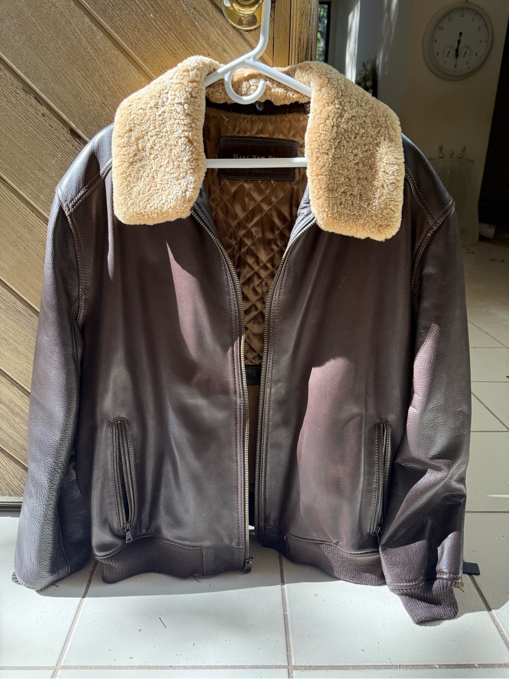 Marc New York Dark Brown Leather Bomber Jacket with Tan Sherpa Collar